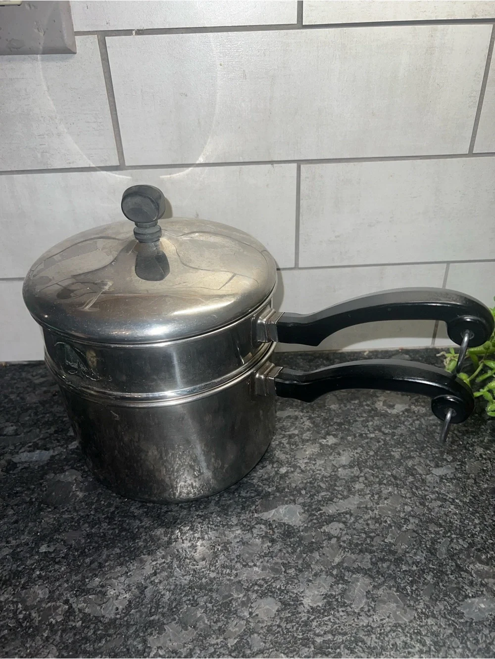 Vintage Farberware Stainless Steel Double Boiler Saucepan Black Handles 2 1/2 qt